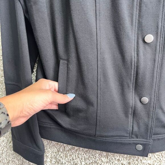 Eileen Fisher Jacket Women’s Medium Black Stand Collar Snap Button Front Shirt N - Picture 3 of 9